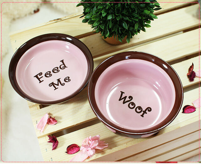 Cute Luxury Pet Food Bowl Feeder Dish for Dogs&Cats Pink&Brown Feed Me & Woof