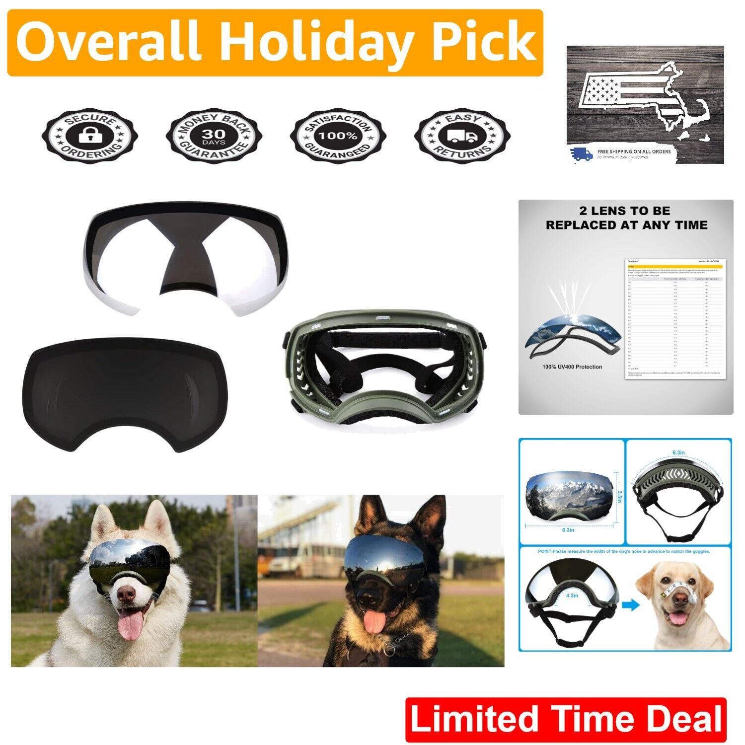 Protective Dog Goggles - UV Protection - Adjustable Strap - Vibrant Green
