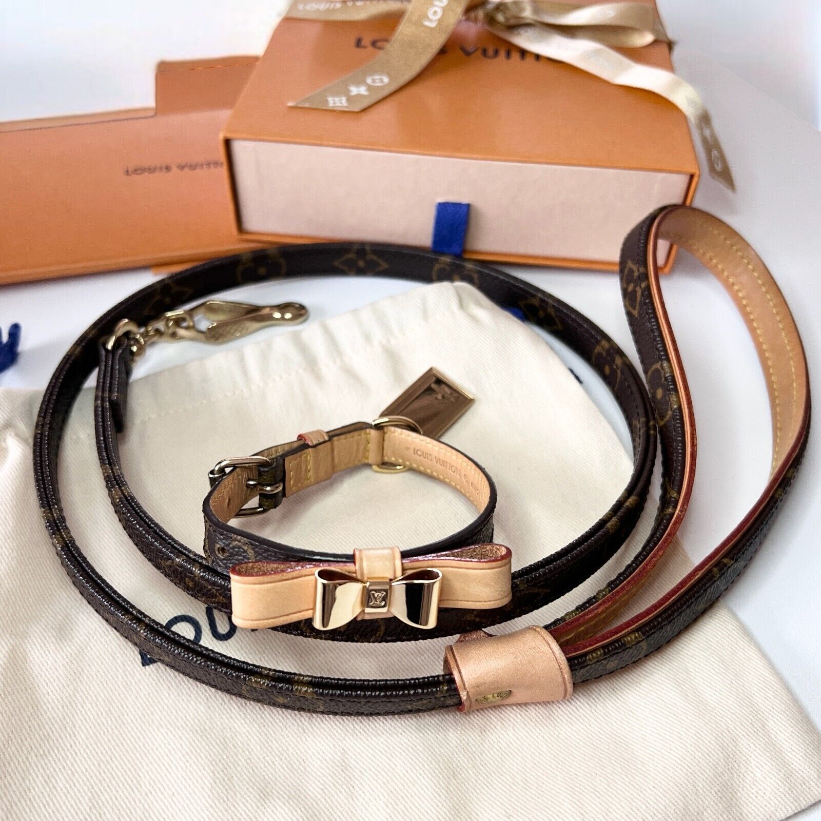Louis Vuitton Baxter Dog Collar XS Bow & Baxter MM Leash w/Box CV0150 TH4089 I4