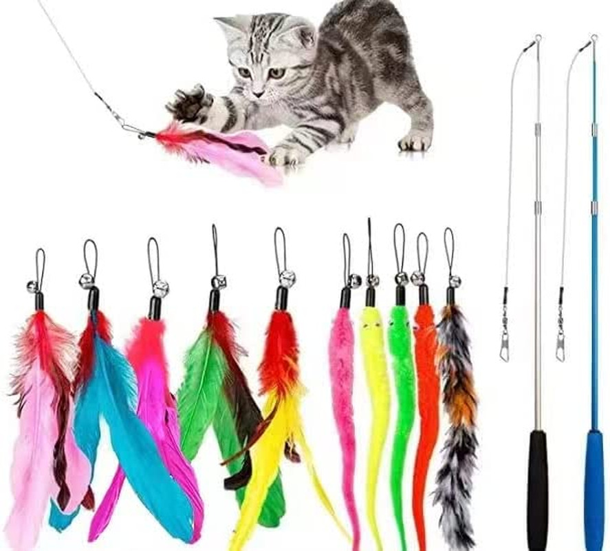 Feather Teaser Cat Toy, 2PCS Retractable Cat Wand Toys and 10PCS Replacement Tea