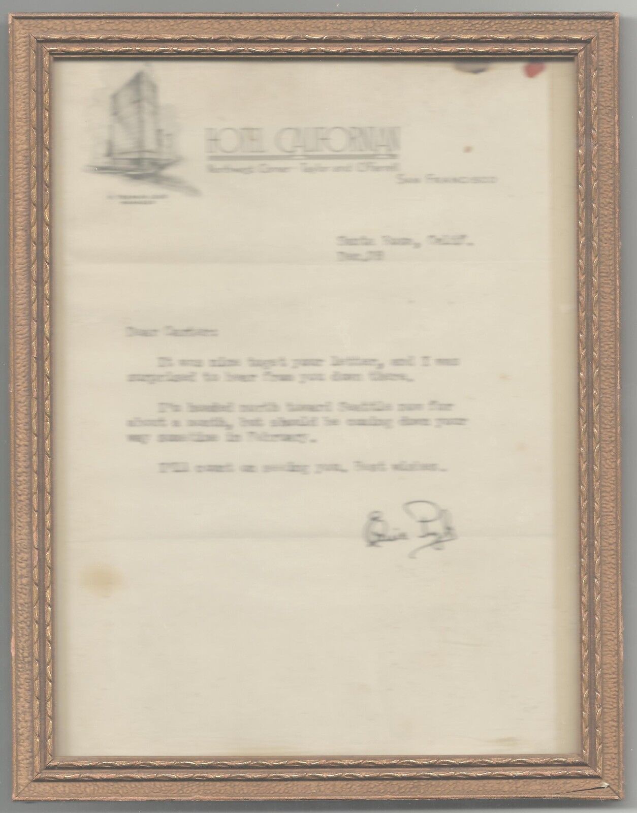 ERNIE PYLE Dec 28 1941 - Typed Letter Signed Hotel Californian Santa Rosa CA