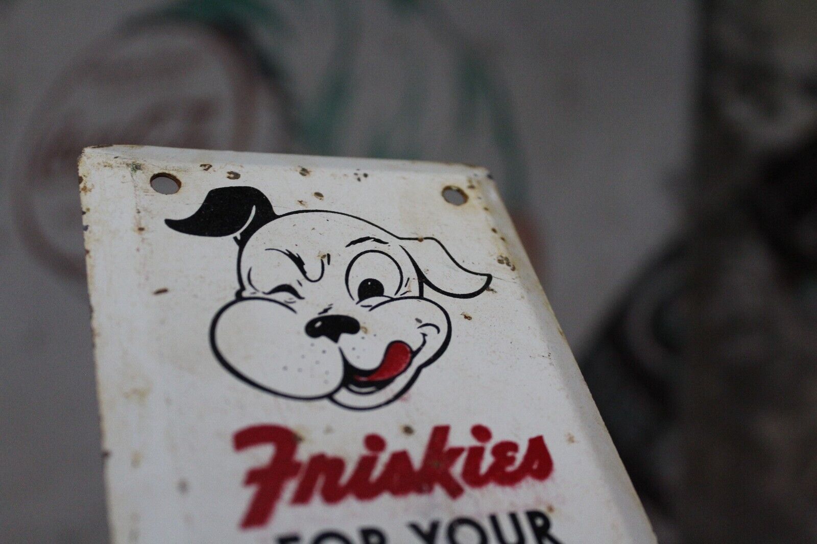 1960s FRISKIES WINKING DOG FOOD DOOR PULL HANDLE STAMPED PAINTED METAL SIGN 10