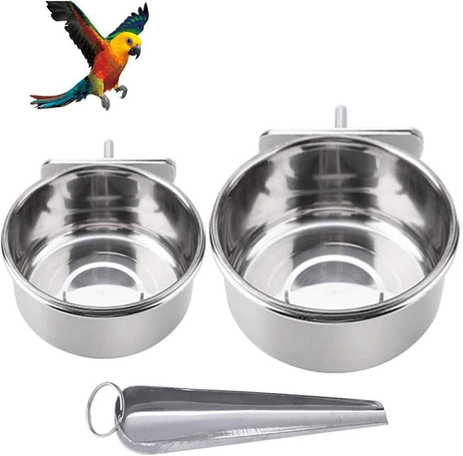 Parrot Feeding Bowls, Bird Cage Cups Holder - Stainless Steel Food and Silver 