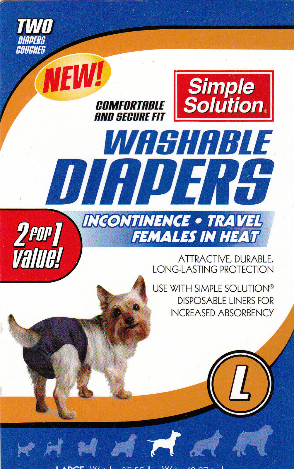 2Pk Simple Solution Washable Dog Diapers Cover Ups L Large Dogs Puppy 35-55 lbs
