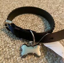 Judith Leiber New Black Leather Puppy Dog Collar Silver Tone Bone Charm NWT picture
