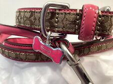 NEW COACH HOT PINK SIGNATURE SMALL DOG COLLAR & LEASH SET BONE CHARM picture
